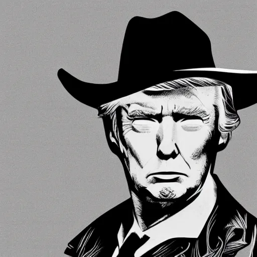 Prompt: donald trump as clint eastwood squinting at high noon in the style of a clint eastwood movie, the good, horse, cactus, the bad and the ugly, abraham lincoln, clint eastwood, steven seagal, vibe, bud spencer, donald trump, glory days, american flag, patriotism, apple pie, black and white, artgerm, trending on artstation