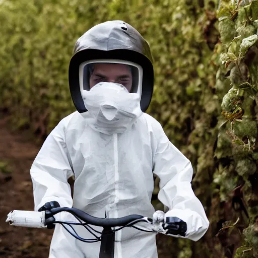 Image similar to a photo of a boy wearing a hazmat suit, riding a bike, side-view, smoke in the background, filthy streets, broken cars. Vines growing. Jpeg artifacts. Full-color photo. 4K UHD. Color color color color color. Award-winning photo. Samyang/Rokinon Xeen 50mm T1.5