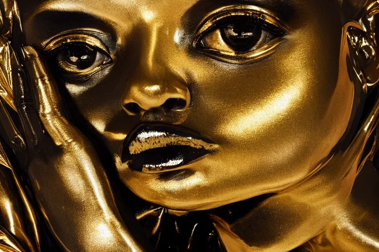 Image similar to hyperdetailed masterpiece portrait of a glossy black marble statue of a woman covered in gold metallic liquid in the style of virgil abloh, offwhite, heron prestorn, denoise, vogue, paris, fashion, louvre museum, highly detailed, realistic, hyperreal, 8 k, 4 k, render