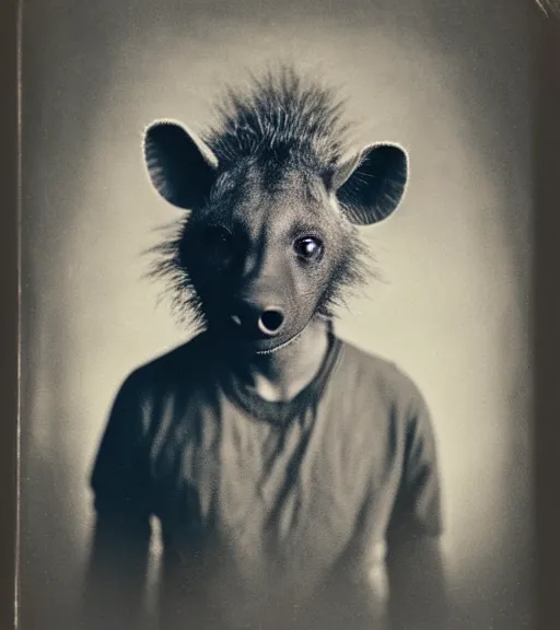 Image similar to professional studio photo portrait of anthro anthropomorphic spotted hyena head animal person fursona wearing casual tshirt clothes by Louis Daguerre daguerreotype tintype