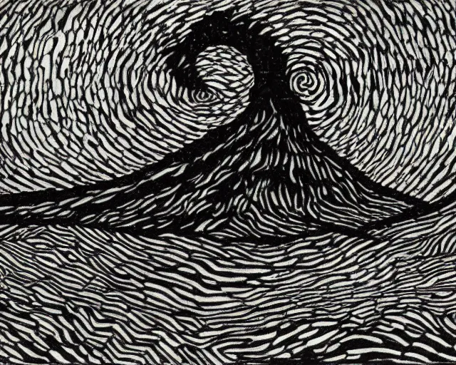 Image similar to a volcano at night, artwork by junji ito and van gogh, junji ito, van gogh