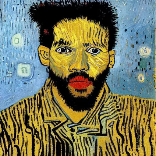 Prompt: portrait of an artificial intelligence painting by van Gogh klimt Jean-Michel Basquiat