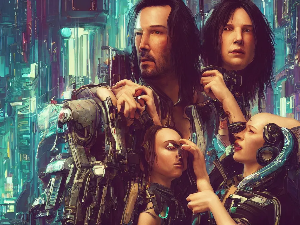 Image similar to a cyberpunk 2077 srcreenshot couple portrait of a Keanu Reeves and a female android final kiss,love,film lighting,by Laurie Greasley,Lawrence Alma-Tadema,Dan Mumford,John Wick,Speed,Replicas,artstation,deviantart,FAN ART,full of color,Digital painting,face enhance,highly detailed,8K,octane,golden ratio,cinematic lighting