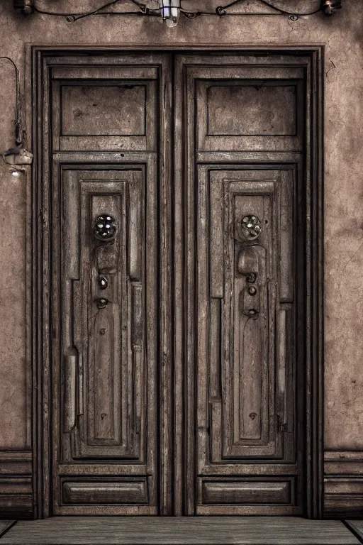 Image similar to a huge old weathered dark brown wooden door with shiny metallic rush plant ornaments, ornate, fantasy, photorealistic, realistic, octane render, volumetric light, high definition, ultra detailed, tranding on artstation, midjourney