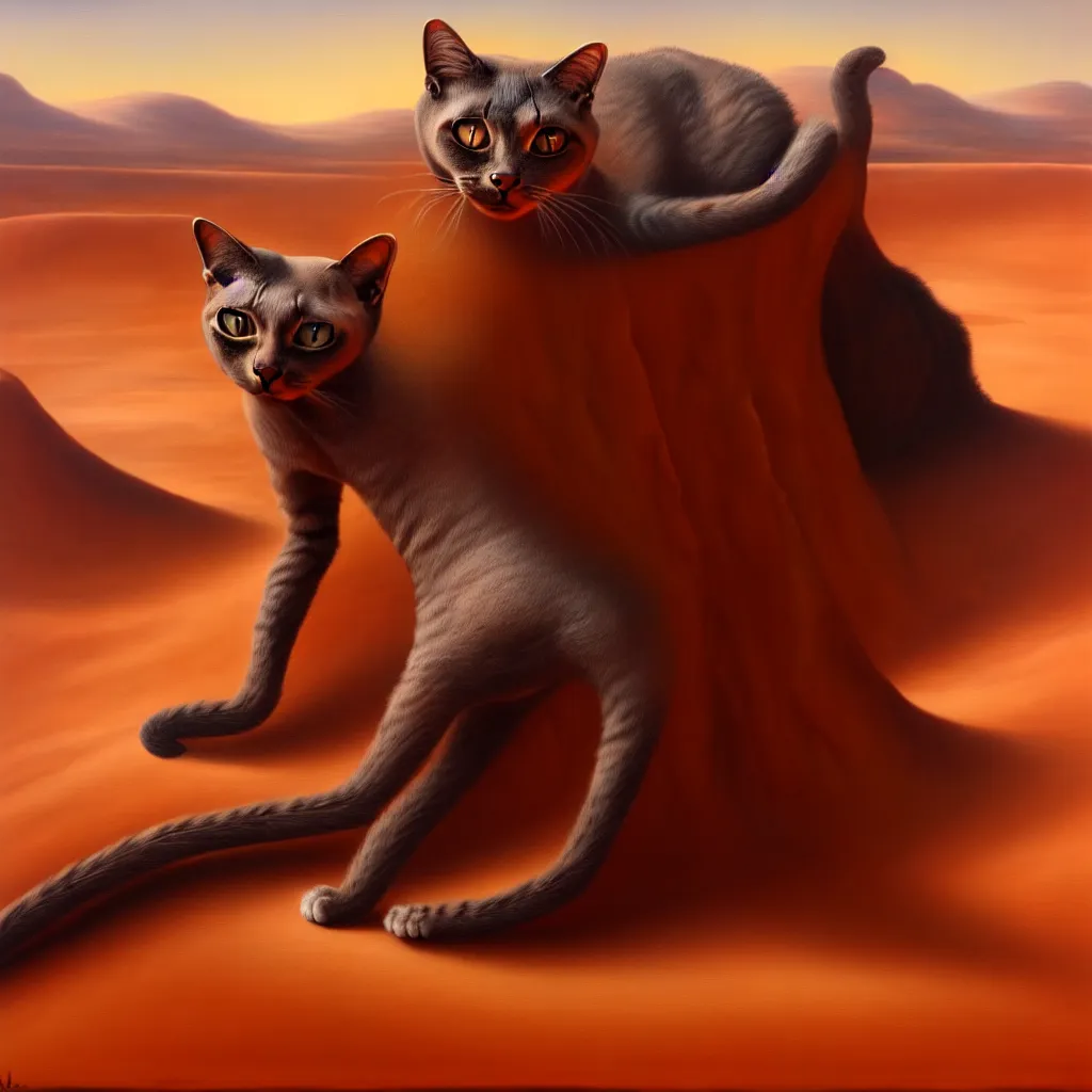 Prompt: anthromorphic cat, desert, oil on canvas, artstation, a detailed matte painting, fantasy