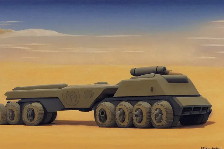 Image similar to a futuristic troop transport with eight wheels and a huge laser cannon on top driving across a vast desert, painting by ralph mcquarrie