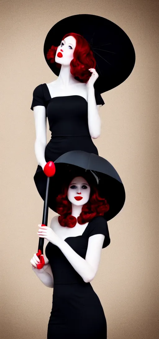 Prompt: a beautiful white pale skin girl, greg background, black dress, vibrent red lipstick, a black hat, black umbrella