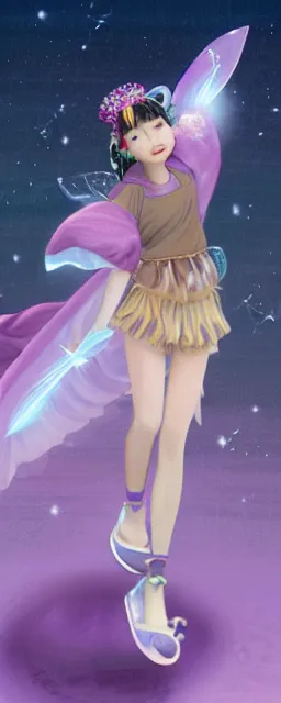 Image similar to Full View of a mysterious kpop fairy maidens with short blond hair wearing an oversized purple Beret, Baggy Purple overall shorts, Short Puffy pants made of silk, silk shoes, a big billowy scarf, Golden Ribbons, white leggings Covered in stars. Short Hair. peasant magic. masterpiece 4k digital illustration by Ruan Jia and Mandy Jurgens and Artgerm and william-adolphe bouguereau, award winning, Artstation, art nouveau aesthetic, Alphonse Mucha background, intricate details, realistic, panoramic view, Hyperdetailed, 8k resolution, intricate art nouveau, smooth, sharp focus