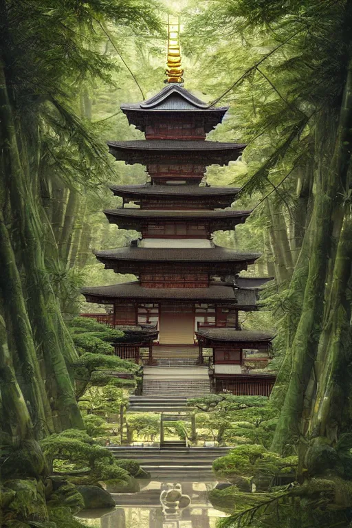 Image similar to Japanese Buddhist temple in the middle of a forest of bonsai and bamboo, powerfull, intricate, elegant, volumetric lighting, digital painting, highly detailed, artstation, sharp focus, illustration, concept art, ruan jia, steve mccurry