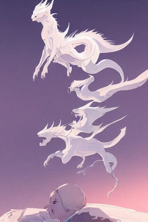 Image similar to vanishing point, white hair eva riding on the white dragon's neck ready to fight, by victo ngai and makoto shinkai, partner, global illumination, radiant light, minimalist, unreal engine 5, concept art ，, digital painting, artstation, smooth, sharp foccus, artstation hq