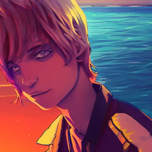 Image similar to ⁠portrait of Félix Lengyel(xqc), Santa Monica Pier background, rich vivid colors, ambient lighting, dynamic lighting, 4k, HQ, official media, anime key visual, makoto shinkai, ilya kuvshinov, lois van baarle, rossdraws, detailed, trending on artstation