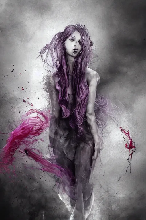 Prompt: A girl with a marble face, flowing silver-violet hair, stands with her arms spread out against the background of a blood-purple cloud, red streams flow through her body, skulls and bones of hands crawl out of the ground, dark red drops fly around, Anachronism, painting, dark fantasy, steampunk, 4k