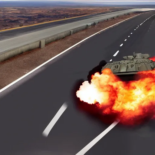 Prompt: A M1A1 Abrams MBT smoldering in the middle of a highway as advanced combat drones fight in the sky above, DARPA illustration, 8k, futuristic, combat photography