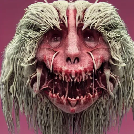 Image similar to a very strange creature made of cronenberg schmutz and drips, mucus, hairy, skin parts, fuzzy disgusting teeth, saliva nasty