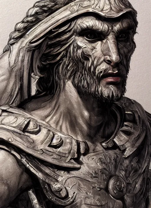 Image similar to close up concept art of an ancient greek character, by robert irkman, by ayami kojima, brutalism