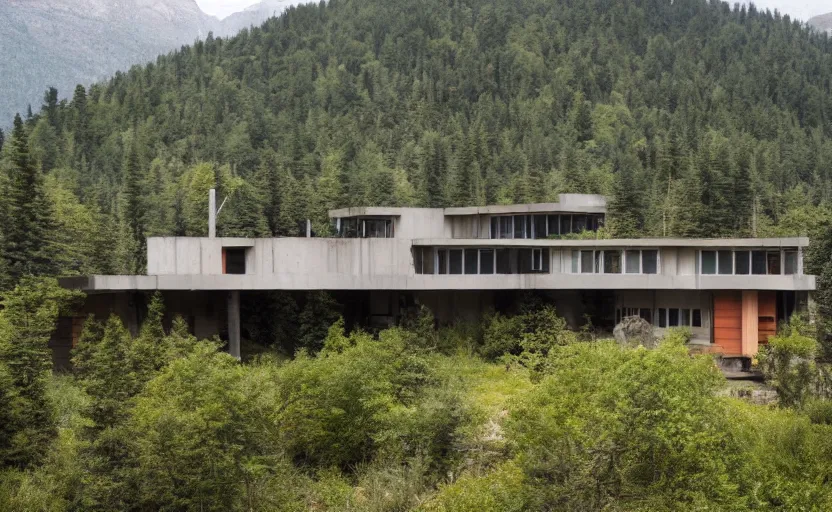 Prompt: Retro-future brutalist house on a secluded mountain with trees around