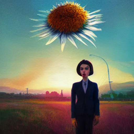 Image similar to giant daisy flower head, frontal, girl in a suit, surreal photography, sunrise, dramatic light, impressionist painting, digital painting, artstation, simon stalenhag