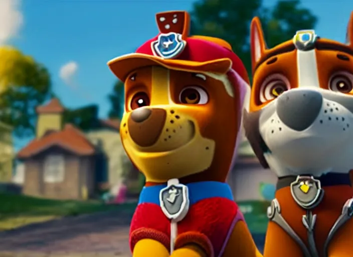 Prompt: a still from the gritty live-action adaptation of Paw Patrol