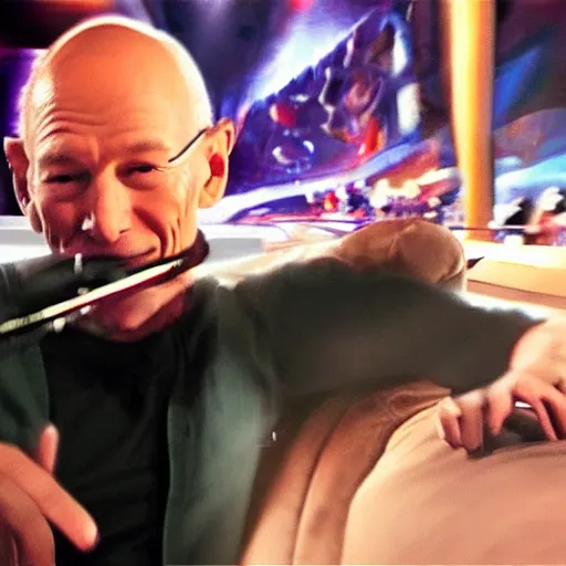 Image similar to kenny g doing a kickflip over patrick stewart at dave & busters, epic, cinematic, realism, ultra detailed, 8 k