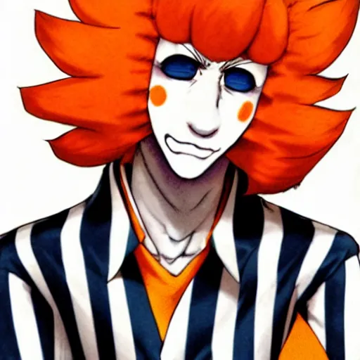 Image similar to a clown wearing orange wig and striped shirt, art by hirohiko araki, hirohiko araki, araki artwork, jjba concept art,