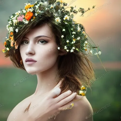 Prompt: beautiful woman built with flowers in a scenery that evokes reverie and sunset.