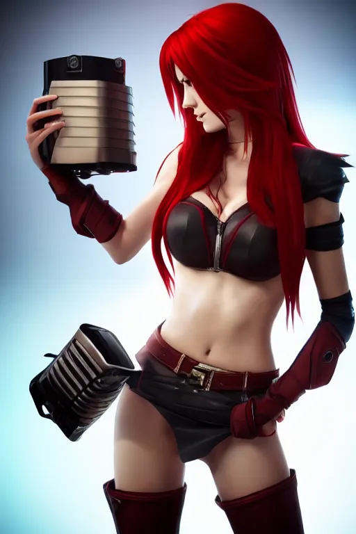 Prompt: Katarina from League of Legends holding a toaster, photorealistic full body, studio lighting, unreal engine 5, hyperrealistic, dynamic lighting, white ambient background, realistic, highly detailed