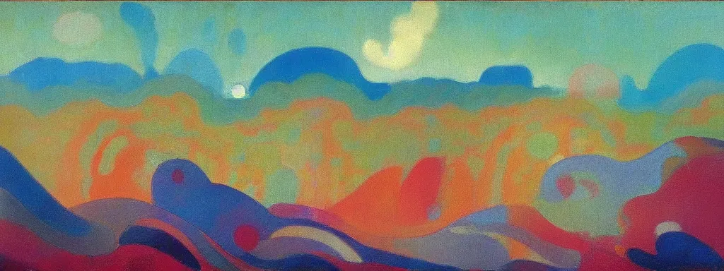 Image similar to An insane, modernist landscape painting. Wild energy patterns rippling in all directions. Curves, organic, zig-zags. Mountains, clouds. Rushing water. Waves. Psychedelic dream world. Odilon Redon. Alex Katz.