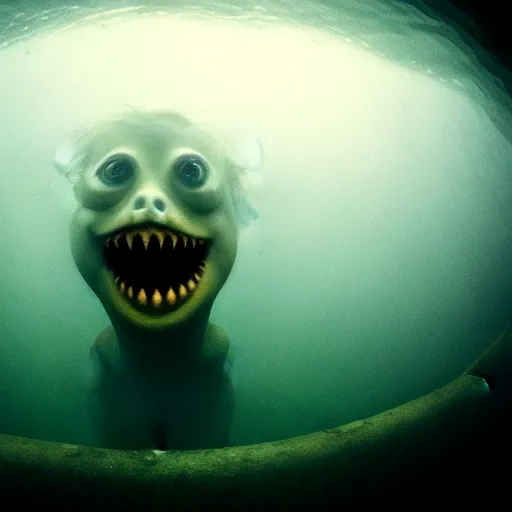 Image similar to sea monster about to eat pov underwater, pale skin, dark yellowish water, foggy water, dark, dramatic,'silent hill ', big eyes, alluring and terrifying, cinematic