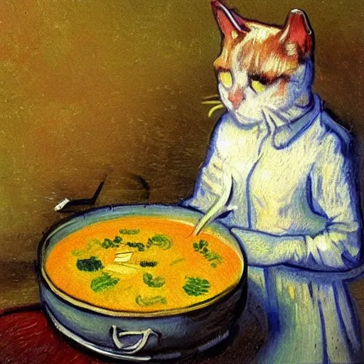 Image similar to the cat cooks soup, stirring a pot with a ladle, oil painting, drawn by Van Gogh, trending in Artstation, artstationHD, 4k