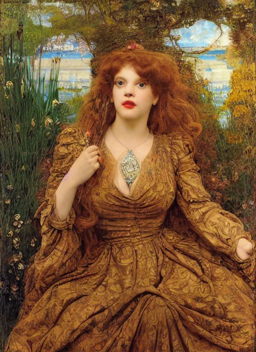 Prompt: masterpiece of intricately detailed preraphaelite photography portrait face hybrid of judy garland and a hybrid of lady gaga and jackie kennedy, sat down in train aile, inside a beautiful underwater train to atlantis, betty page fringe, medieval dress yellow ochre, by william morris ford madox brown william powell frith frederic leighton john william waterhouse hildebrandt