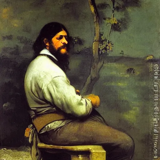 Prompt: a painter sits pensively selling his paintings. created by gustave courbet.