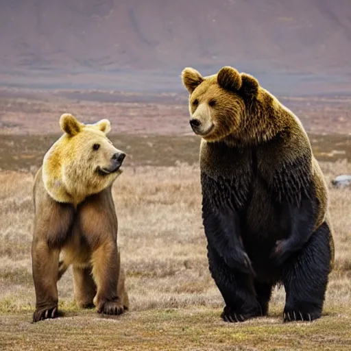 Image similar to a bear standing next to a lion