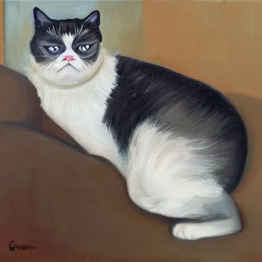 Image similar to grumpy cats emotional state is apparently the only constant in this world, deep emotional resignation of a programmer, oil on canvas 2022