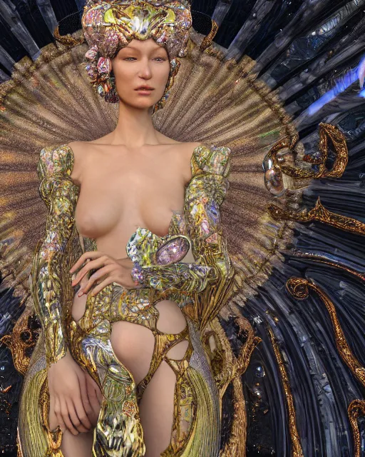 Image similar to a highly detailed metahuman 4 k close up render of an alien goddess bella hadid monument dmt in iris van herpen dress schiaparelli in diamonds crystals swarovski and jewelry iridescent in style of alphonse mucha gustav klimt trending on artstation made in unreal engine 4