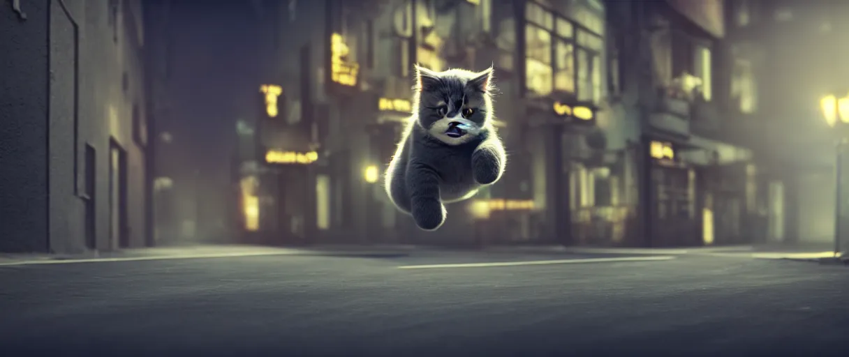 Image similar to 3d render of a cute flooffy fat catman jumping on a dark city alley sharp cinematic lighting octane 8k low angle shallow depth of field