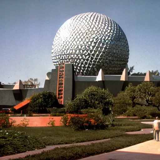 Prompt: epcot center as a wasteland, frank lloyd wright