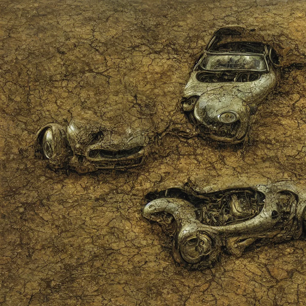 Prompt: closeup of rusty shelby cobra, close up, extreme closeup, moss covered, desert, cracked dry lake bed, by Zdzislaw Beksinski, Norman Rockwell, highly detailed, soft lighting, 8k resolution, oil on canvas