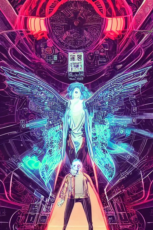 Image similar to white arc-angel with mystic robotic wings, blade runner, akira, ghost in the shell, 2077, style of Laurie Greasley and Satoshi Kon + symmetric lights and smoke, psychedelic effects , glowing particles, neon rain, glowing runes, de-noise, symmetrical composition, high detailed + tarot card, ornate border, 8k