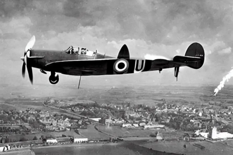 Image similar to spitfire with a flaming wing flying over a town 1940s britain