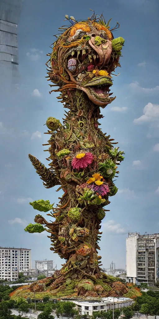 Image similar to colossal grotesque prehistoric alien flower made from best unfulfilled mankind projects in the middle of abandoned post soviet constructivist cityscape, Stalinist architecture, ultradetailed, Intricate by Hayao Miyazaki and Josan Gonzalez and Makoto Shinkai and Giuseppe Arcimboldo and Wes Anderson