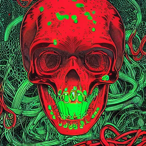 Prompt: a glowing red skull in a green sea enveloped by jellyfish tendrils and black seaweed by josan gonzalez and dan mumford, highly detailed, high contrast