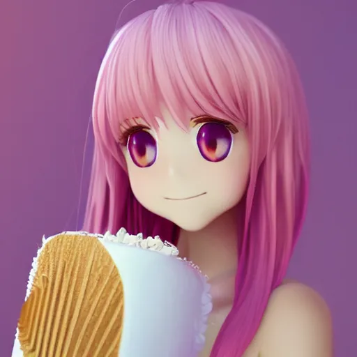 Image similar to Render of a beautiful 3d anime woman holding a birthday cake out to the camera, long light pink hair, full bangs, hazel eyes, cute freckles, full round face, soft smile, Chinese heritage, cute checkerboard sundress, golden hour, serene beach setting, medium shot, mid-shot, hyperdetailed, trending on Artstation, Unreal Engine 4k