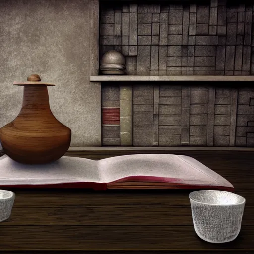 Prompt: photorealistic, table, wizards laboratory, mortar, pestle, scales, magic book,