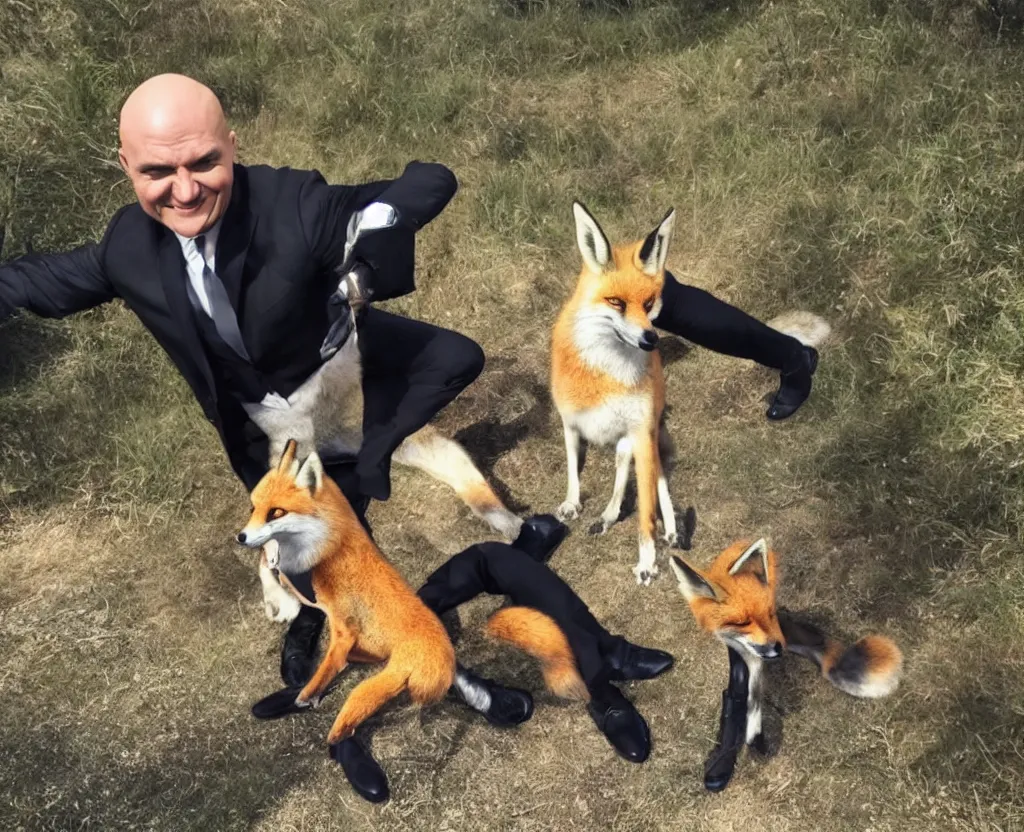 Prompt: a photo of happy agent 4 7 with a fox, studio photo, stunning scenery, award winning photo