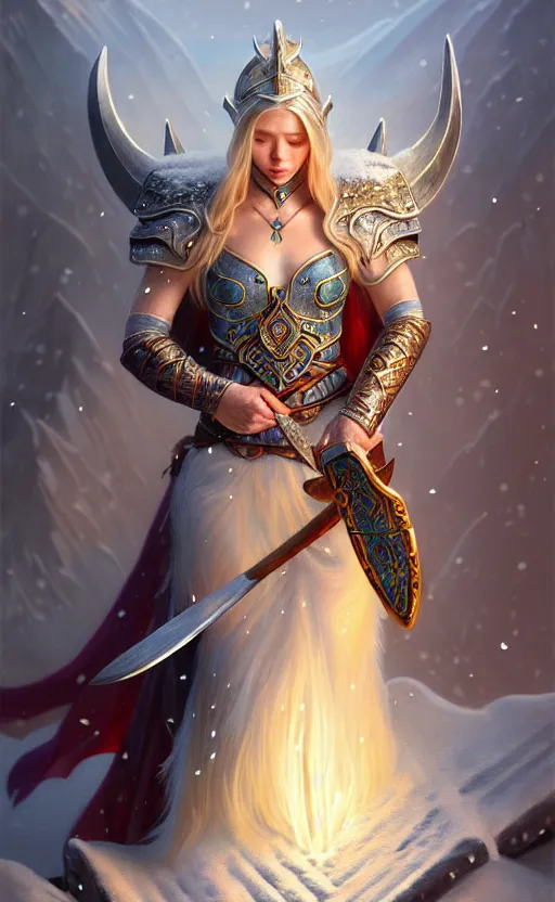 Image similar to opal viking warrior, regal, elegant, winter, snow, beautiful, stunning, hd, illustration, epic, d & d, fantasy, intricate, elegant, highly detailed, wide angle, digital painting, artstation, concept art, smooth, sharp focus, illustration, wallpaper, art by artgerm and greg rutkowski and alphonse mucha and jin xiaodi