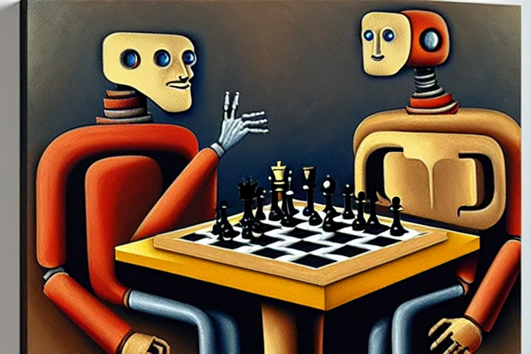 Prompt: portrait of two robots playing chess, highly detailed, painting by otto dix, 8 k