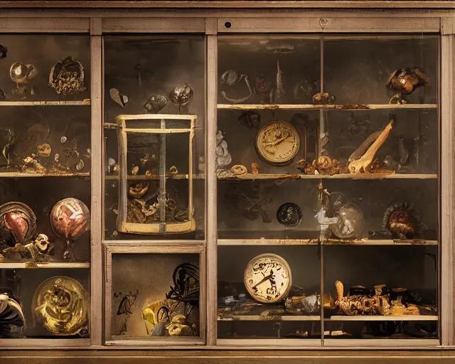 Image similar to a display case filled with lots of different items, a still life by seb mckinnon, artstation, neoplasticism, lovecraftian, artstation hq, award winning photography 4 k 8 k 1 6 k