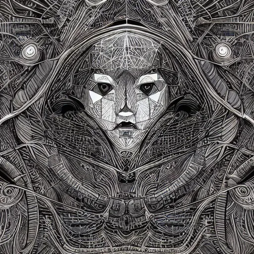 Image similar to Geometrically surreal Artificially Intelligent beings, extremely high detail, photorealistic, intricate line drawings, dotart, album art in the style of James Jean