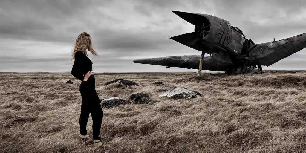 Image similar to a breathtaking photograph of windswept dunes scandinavian landscape, a beautiful woman in oscar de la rents standing beside a destroyed fighter plane + stone in center, ultra wide shot, cinematic, 8 k, dramatic lighting