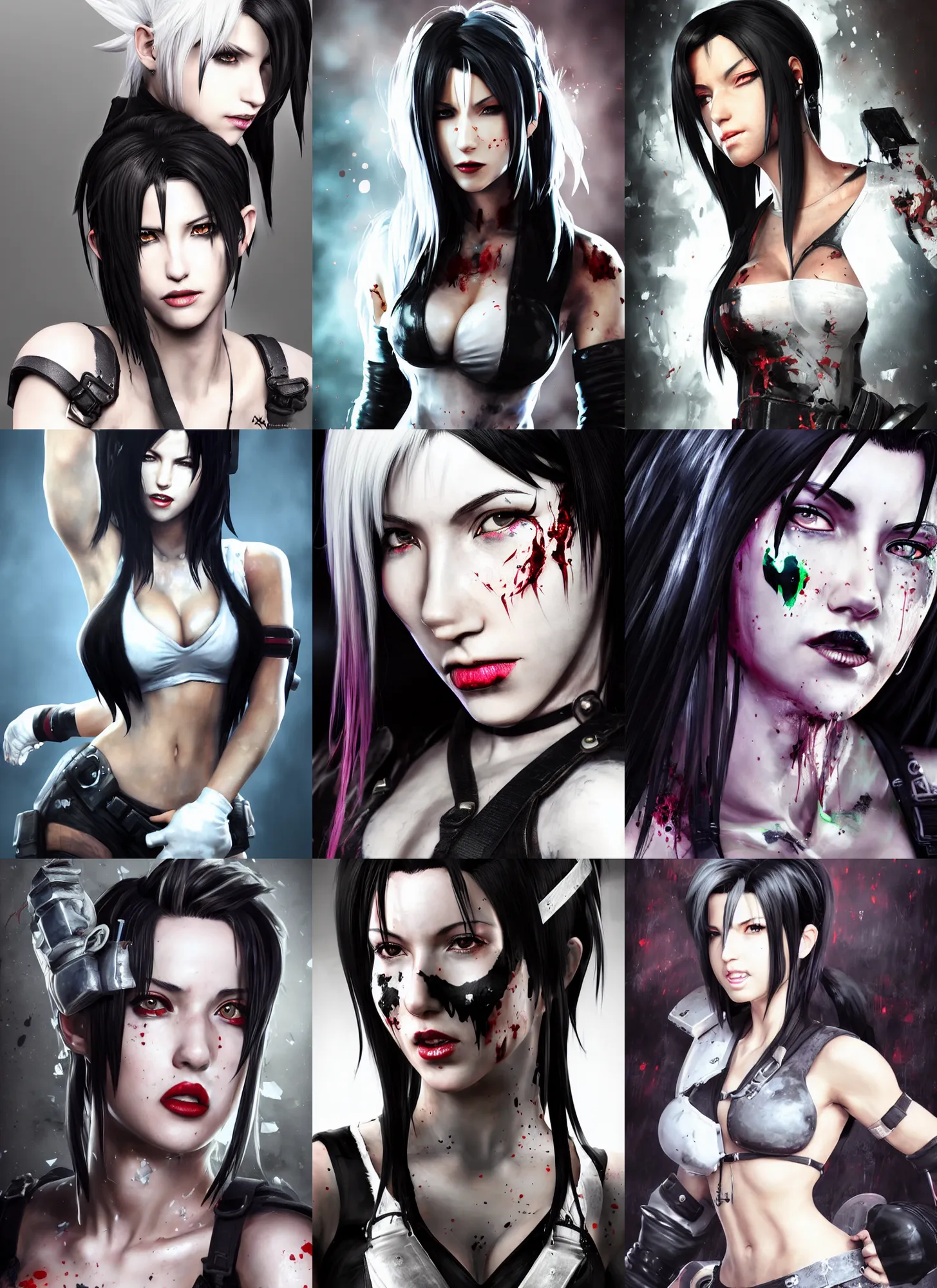 Prompt: a photorealistic splatterpunk portrait of a gorgeous Tifa Lockhart with shadowy eyes and bonewhite hair, with black glossy lips, hyperrealistic, award-winning, 8k, in the style of Ross Tran and Artgerm